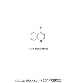 4-Cloroquinolina estrutura esquelética. Ilustração esquemática do composto de quinolina halogenado. Diagrama simples, fórmula química.