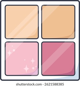 A 4-color makeup palette with highlighter and blush, illustrated in soft pastel tones
