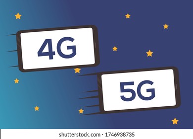 4G and 5G vector concept: flying smartphone written 4G and 5G in space full of stars