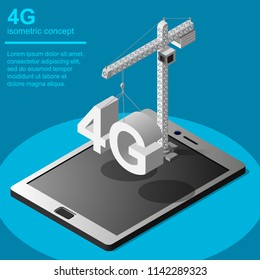 4G broadband cellular network technology installation vector icon. Isometric concept includes tablet, tower crane and 4G symbol.