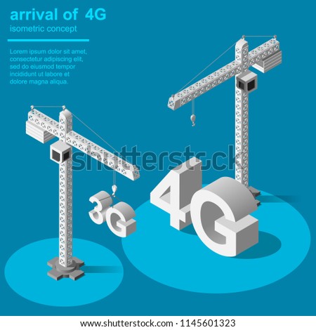 4G broadband cellular network technology installation instead of 3G. Isometric vector concept.