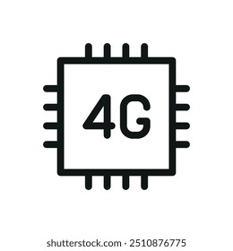 Ícone isolado de chip 4G, símbolo vetorial da tecnologia de microchip 4G com traço editável