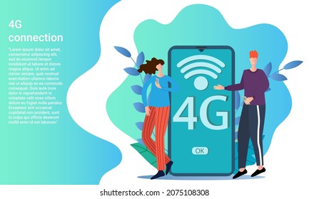 Conexión 4G.Comunicación de nueva generación, El concepto de medios modernos de comunicación y nuevas tecnologías.Personas en el fondo de un smartphone con una conexión 4G.Afiche de estilo empresarial.