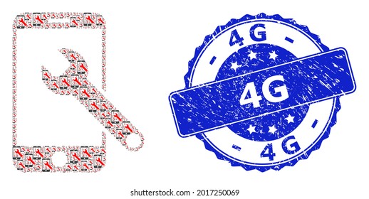 4G dirty round stamp and vector fractal composition smartphone repair. Blue stamp seal contains 4G caption inside round shape. Vector mosaic is created of repeating smartphone repair items.