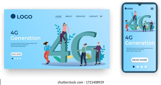 4G Generation.People in the background on the background of a large 4G sign. Template for the user interface of the site's home page.Landing page template.The adaptive design of the smartphone.