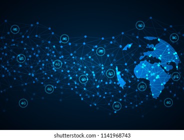 4 g de velocidad de conexión a Internet. Fondo poligonal azul abstracto con puntos y líneas de conexión. Concepto de datos y tecnología, red