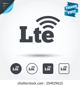 4G LTE sign icon. Long-Term evolution sign. Wireless communication technology symbol. Circle and square buttons. Flat design set. Thank you ribbon. Vector