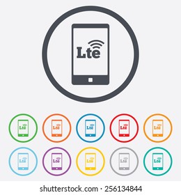 4G LTE sign in smartphone icon. Long-Term evolution sign. Wireless communication technology symbol. Round circle buttons with frame. Vector