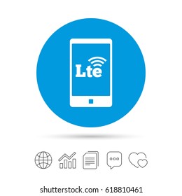 4G LTE sign in smartphone icon. Long-Term evolution sign. Wireless communication technology symbol. Copy files, chat speech bubble and chart web icons. Vector