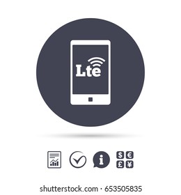 4G LTE sign in smartphone icon. Long-Term evolution sign. Wireless communication technology symbol. Report document, information and check tick icons. Currency exchange. Vector