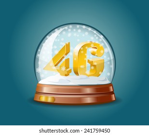 4G mobile communications standard as christmas gift in snow globe.