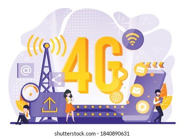 4G network technology concept. Internet systems telecommunication service. People sitting and standing on the big 4G symbol using high speed wireless connection 4G. Tiny people illustration. Vector