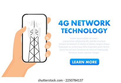 Tecnología de red 4g. Red residencial. Concepto de negocio. Tecnologías de Internet. Estación base, torre móvil, equipo celular, antena de telecomunicaciones, señal. Concepto de Internet. Ilustración del vector