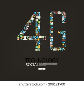 4G number social network with media icons, vector illustration