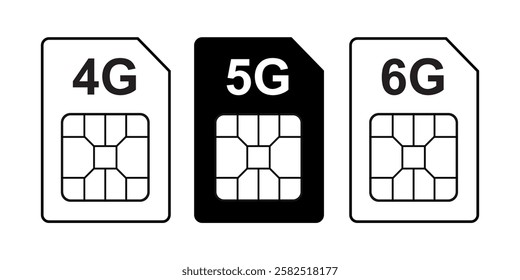 4G pictogram or sign. 5G Sim Card icon. 6G network sign. Mobile telecommunications technology symbols. Monochrome design, set of black icons isolated on white background. flat vector illustration