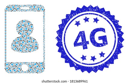 4G kratzte Stempeldichtung und Vektorfraktal Mosaik Smartphone Porträt. Die blaue Stempelrobbe hat eine 4G-Bildunterschrift im Rosette. Vektormosaik wird aus willkürlich rotierten Smartphone-Porträtsymbolen erstellt.