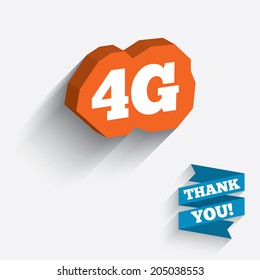4G sign icon. Mobile telecommunications technology symbol. White icon on orange 3D piece of wall. Carved in stone with long flat shadow. Vector
