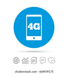 4G sign icon. Mobile telecommunications technology symbol. Copy files, chat speech bubble and chart web icons. Vector
