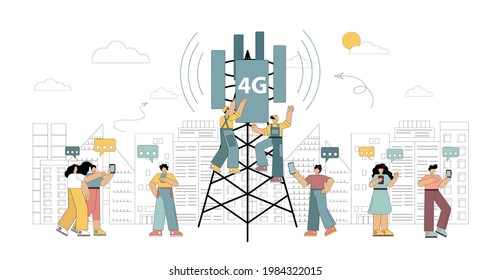 4G technologies. New generation mobile networks. Workers on the tower are installing high-speed mobile Internet. Vector illustration on white background.