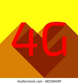 4g technology icon. Vector. Red icon with two flat reddish shadows on yellow background.