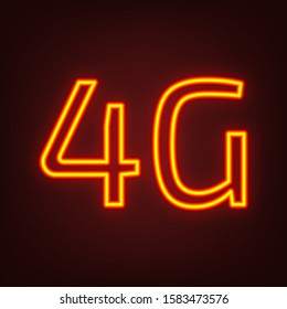 4g technology icon. Yellow, orange, red neon icon at dark reddish background. Illumination. Illustration.