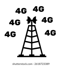 4G wifi broadcast transmitter icon in black colour or silhouette. Wide area network. Giant antenna tower clip art. Broadband signal vector illustration on isolated white background