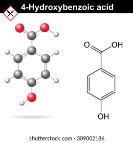 4-Hydroxybenzoic acid - medical substance, chemical structural formula and model, 2d & 3d vector on white background, eps 8