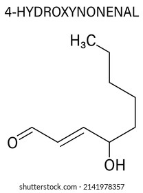4-Hydroxynonenal (HNE) molecule. Metabolite produced by lipid peroxidation of polyunsaturated omega-6 fatty acids. Skeletal formula.