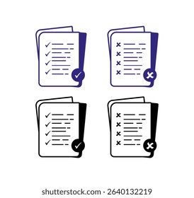 4-icon set showing document statuses with checkmarks for approvals and Xs for rejections, in both color and monochrome styles.