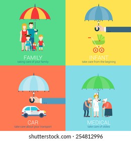 4-in-1 take care business modern flat set of concept vector illustration icons. Family life, baby infant children, car vehicle transport, health medical oldies senility caring policy.