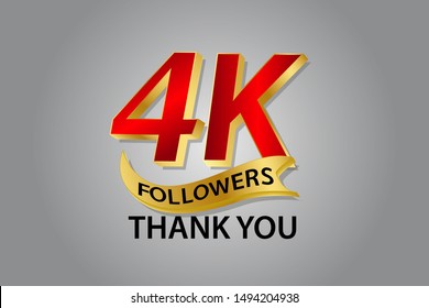 4K, 4000 Followers anniversary, minimalist logo years, jubilee, greeting card. invitation. Sign Ribbon Gold space Red and Gold number vector illustration on black background - Vector