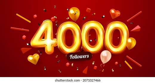 4k or 4000 followers thank you. Golden numbers, confetti and balloons. Social Network friends, followers, Web users. Subscribers, followers or likes celebration. Vector illustration