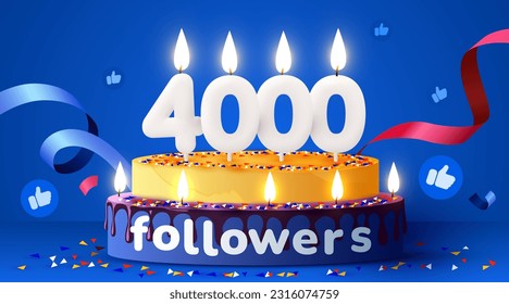 4k or 4000 followers thank you. Social Network friends, followers, subscribers and likes. Birthday cake with candles. Vector illustration