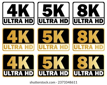 4K 5K 8K Ultra HD Resolution Quality Sign Symbol Gold Black Color Vector Illustration