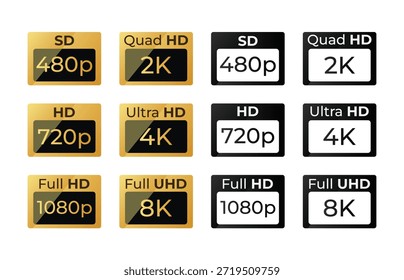 4K, 8K, HD y Digital Screen Vector Icons, Ultra-Alta resolución TV, Monitor, Pantalla, Televisión, Medios de comunicación, Píxel, Oro, Negro, Símbolos de Tecnología y Ilustraciones Gráficas