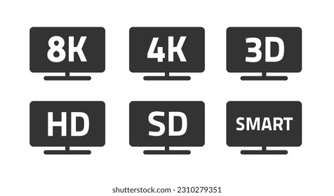 4k 8k hd resolution icon vector pictogram, 3d smart tv logo graphic symbol, video full high definition sd television screen technology image clipart illustration