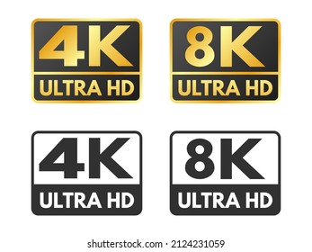 4K and 8K icons. Gold UHD symbol set. High definition labels on white background. Video resolution mark. UHD black and white icon isolated. Vector illustration.