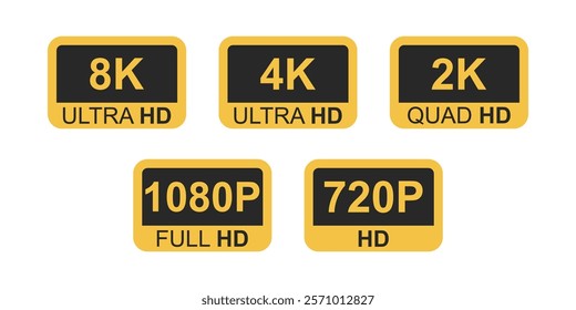 4K, 8K Ultra HD, 2K Quad HD, 1080 Full HD, 720P HD resolution icon isolated on white background ,vector illustration