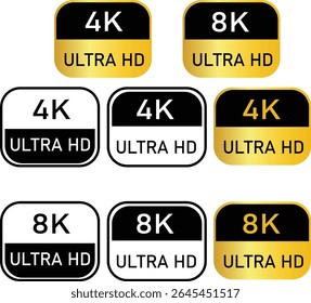Rótulos de resolução 4K 8K Ultra HD - Ícones de qualidade de alta definição conjunto de ícone vetorial de formato de vídeo 4K 8K Ultra HD. Símbolo de tela de tv web de alta resolução, ilustração vetorial	