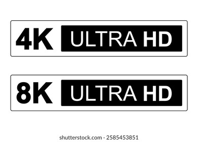 4K 8K Ultra HD sticker label ,High definition label. Black UHD symbol, 4K 8K resolution monitor screen color mark, UHD 3840p video icon ,outline Vector isolated on white background.