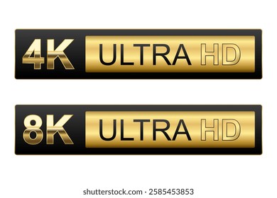 4K 8K Ultra HD sticker label ,High definition label. Gold UHD symbol, 4K 8K resolution monitor screen color mark, UHD 3840p video icon ,realistic shiny and glossy Vector isolated on white background.