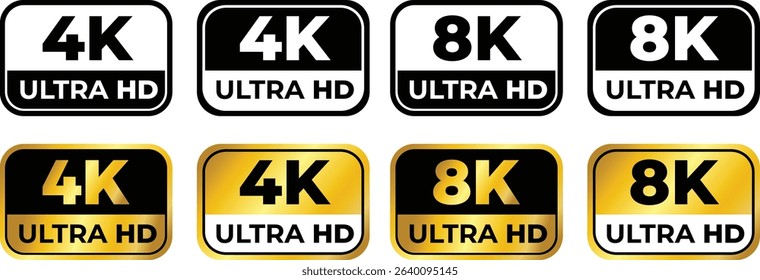 4K 8K Ultra HD Video Format Icon Set – High Resolution TV Screen Symbol Vector Illustration