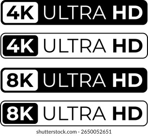 4K 8K Ultra HD video format vector icon set. High resolution web tv screen symbol, vector illustration