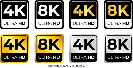 4K 8K Ultra HD video format vector icon set. High resolution web tv screen symbol, vector illustration
