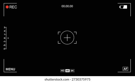 4k 8k video Camera viewfinder recording interface on a black background with focus reticle, REC indicator, timecode, resolution icons, and UI elements.