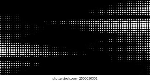 4k Abstract dynamic white dots squares on black background. Dynamic creative modern backdrop. Trendy wavy banner template. Texture halftone dots pattern.