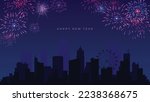 4K city happy new year vector background with colorful fireworks in the sky. Dark blue vector background illustration. Modern vector art. EPS 10 vector design