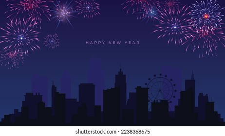 4K city happy new year vector background with colorful fireworks in the sky. Dark blue vector background illustration. Modern vector art. EPS 10 vector design