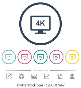 4K display flat color icons in round outlines. 6 bonus icons included.