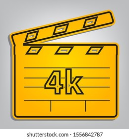 4k film sign. Flat orange icon with overlapping linear black icon with gray shadow at whitish background. Illustration.